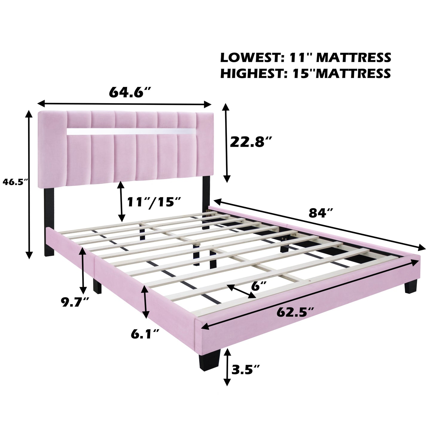 York Queen Size Platform Bed with Adjustable Height - Pink