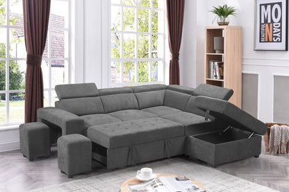 Henrik Sleeper Sectional Sofa with Storage Ottoman and 2 Stools - Light Gray