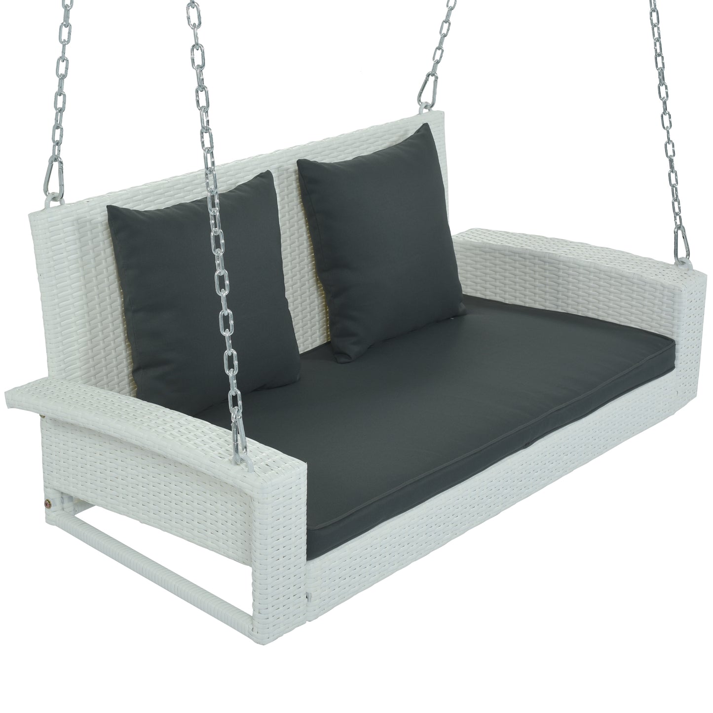 Paz2-Person Wicker Hanging Porch Swing (White Wicker, Gray Cushion)