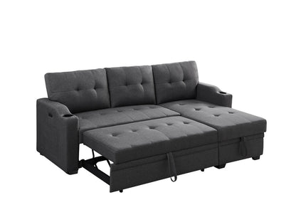 Mabel Linen Fabric Sleeper Sectional with cupholder, USB charging port and pocket - Dark Gray