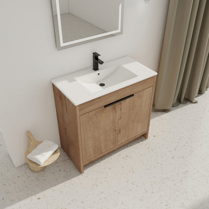 36" Freestanding Bathroom Vanity with White Ceramic Sink & 2 Soft-Close Cabinet Doors