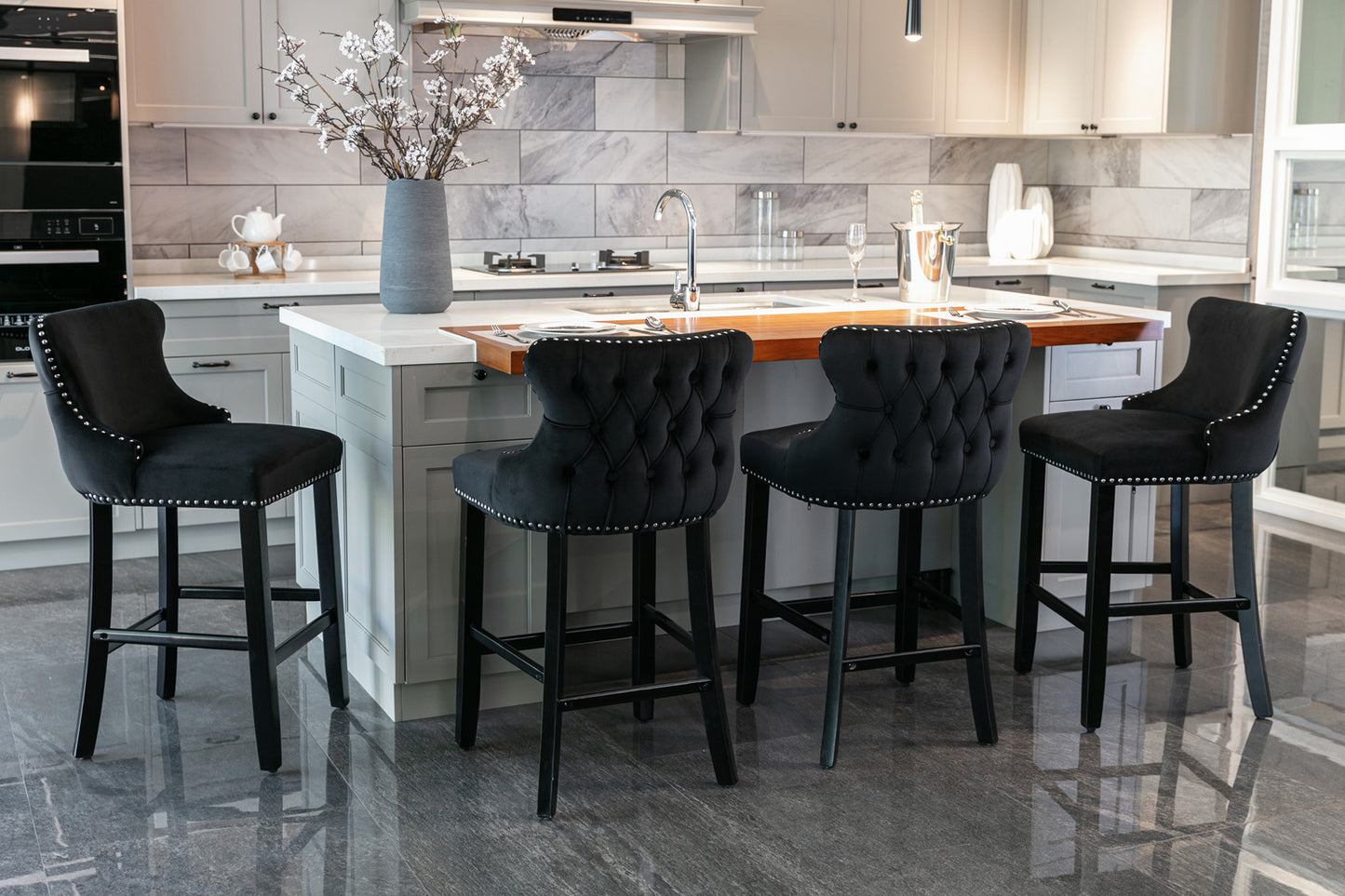 Velvet Wing-Back Barstools - Black Set of 2