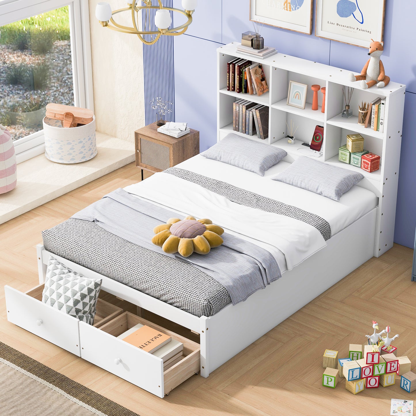 Jazz Full Size Platform Bed w 2 Drawers - White