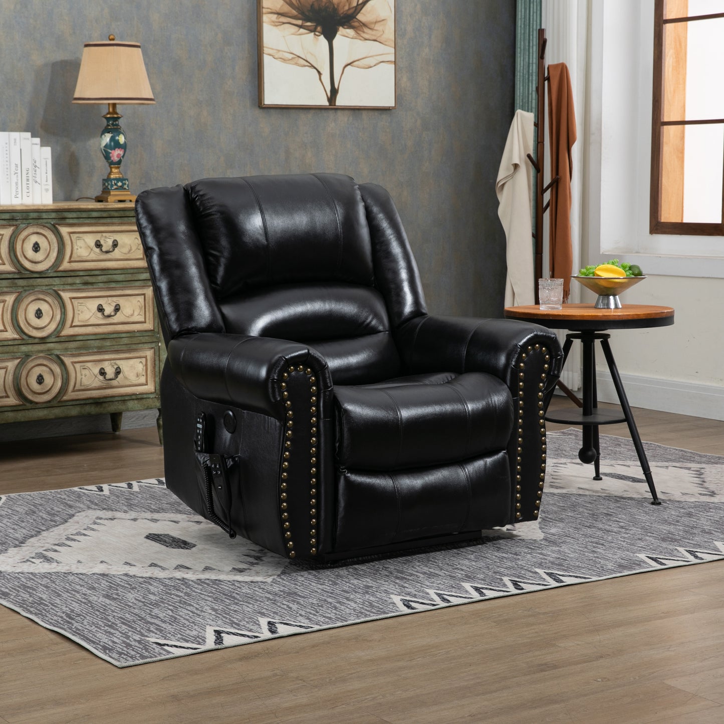 Zest Power Lift Genuine Leather Recliner Chair Heat Massage Dual Motor - Black