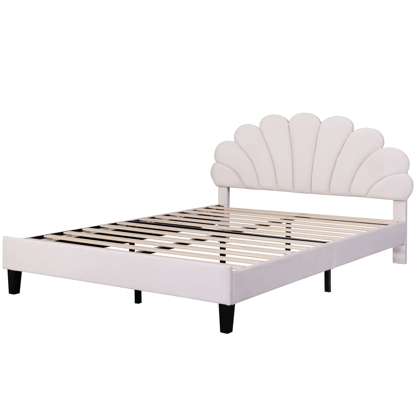 Floral Bliss Queen Size Velvet Platform Bed Frame - Beige