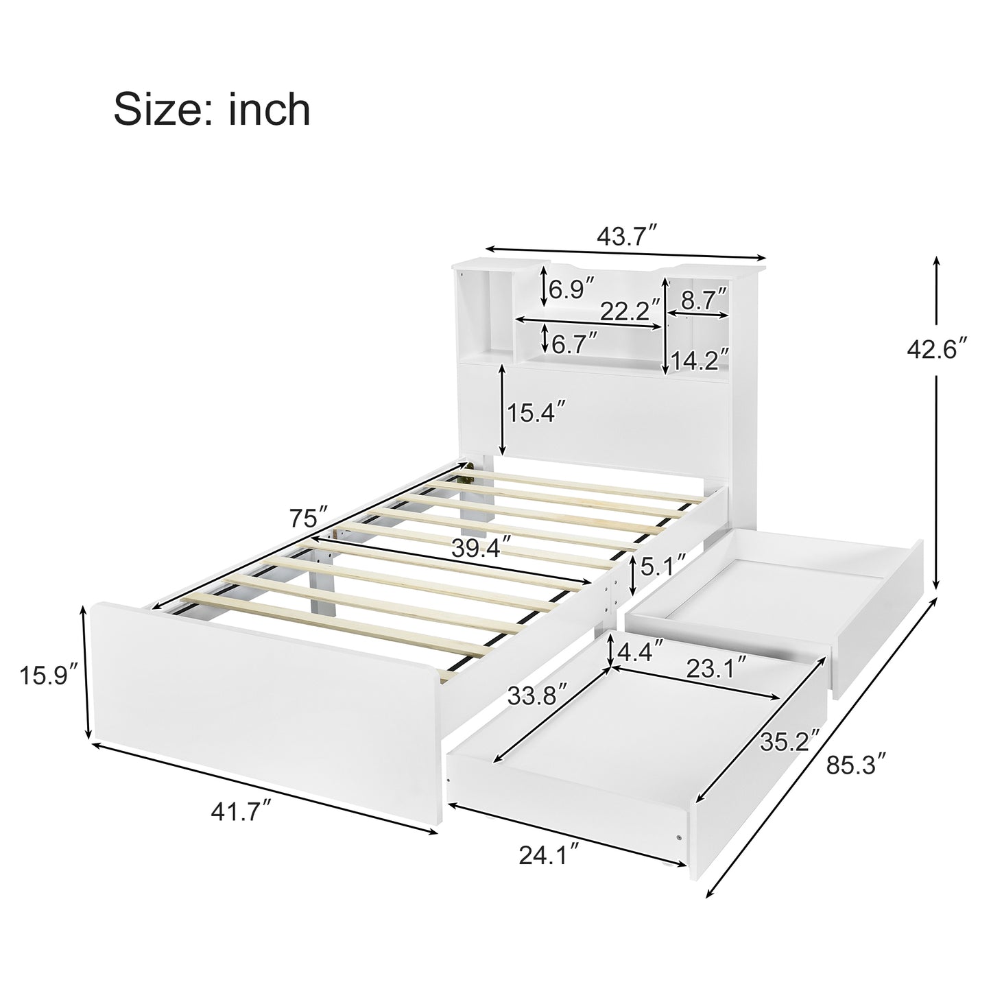 Taz Twin Size Platform Bed Frame with 4 Open Storage Shelves - White