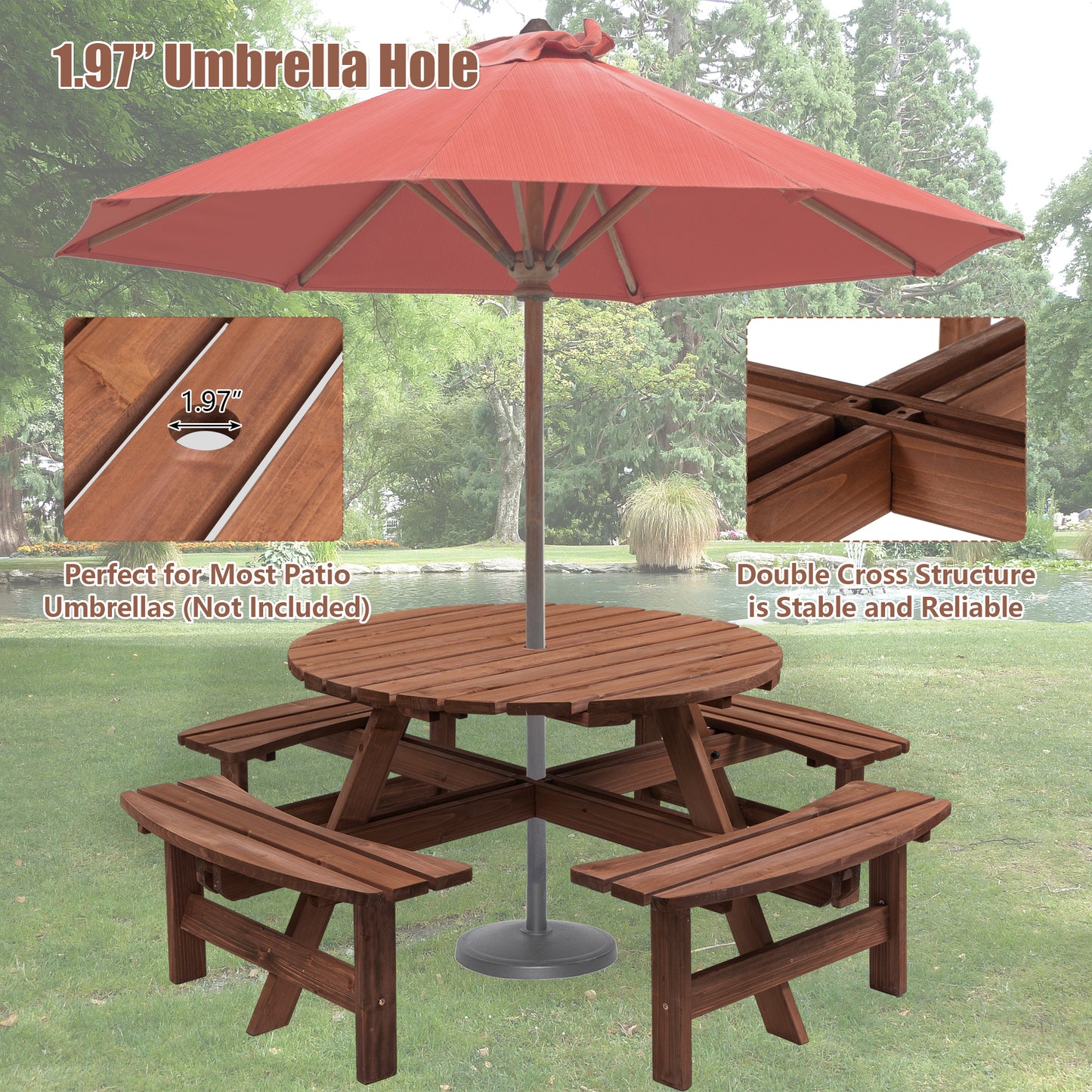 Nix 8-Person Circular Outdoor Wooden Picnic Table - Brown