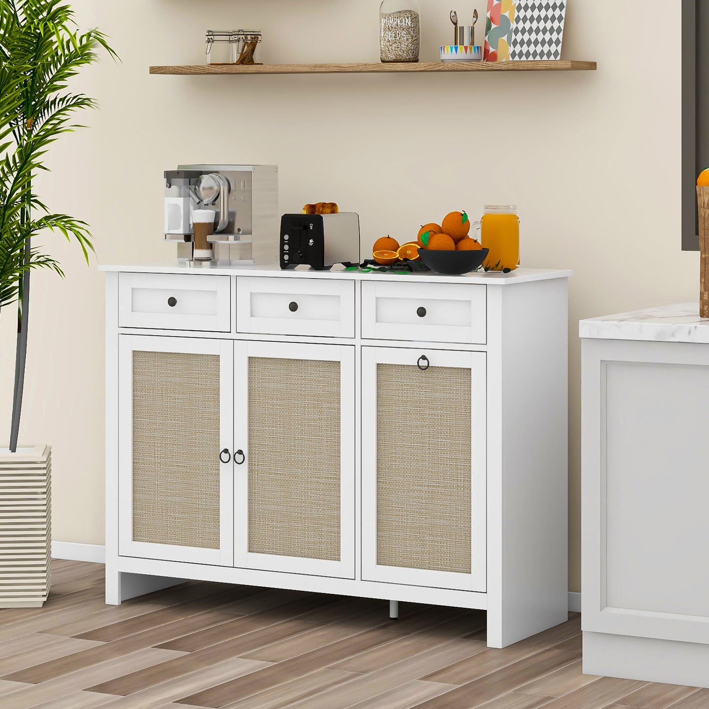 Rattan Kitchen Trash Can Cabinet - White