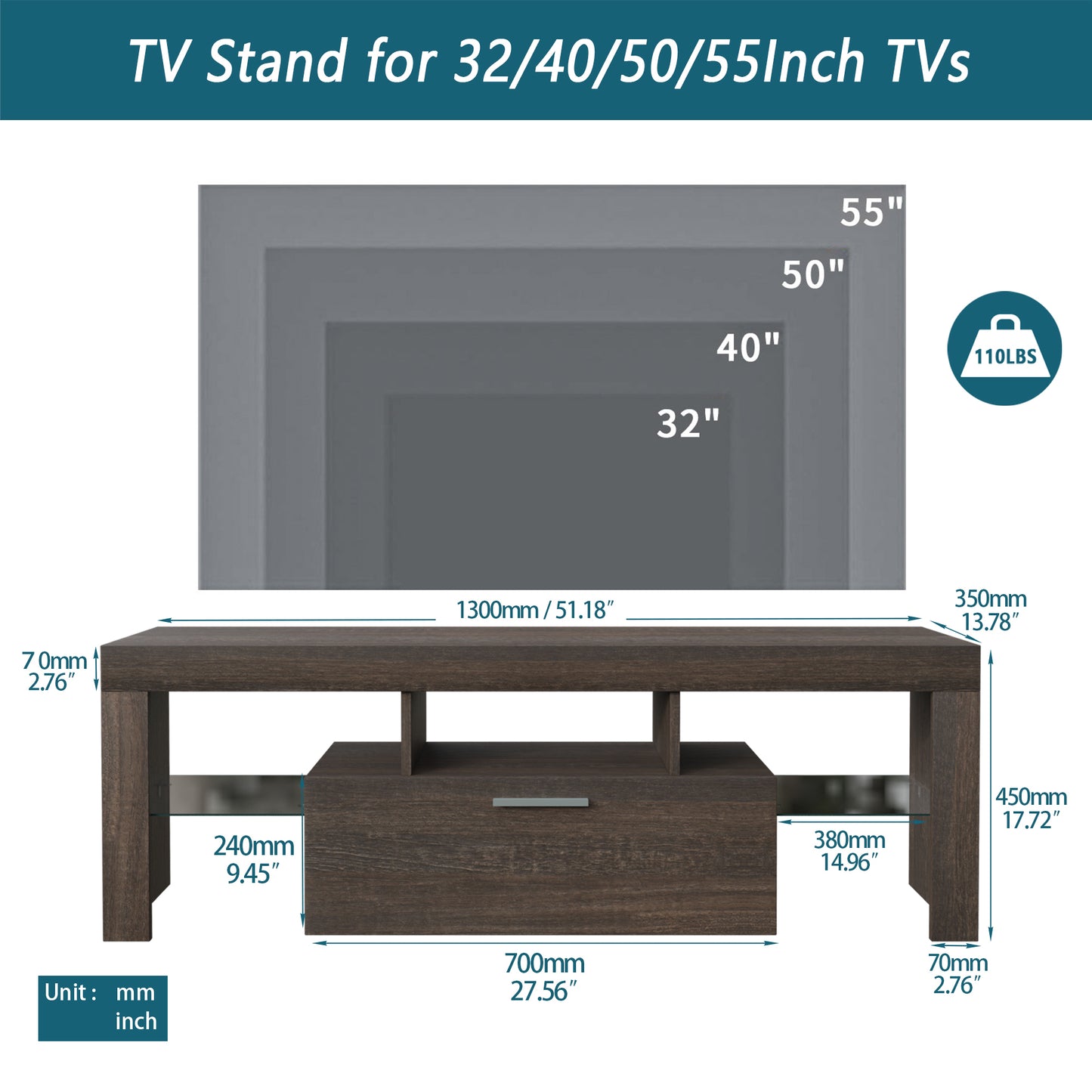 Nova 55 inches TV Stand with LED Lights - Brown