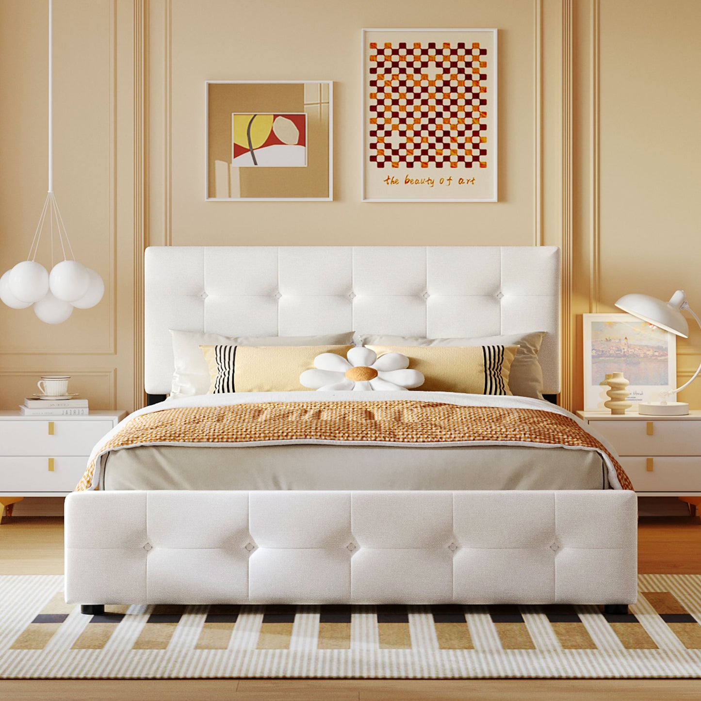 Draco Queen Size Platform Bed with 4 Drawers - White