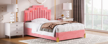 Neco Full Size Platform Bed with LED and 4 Drawers - Pink