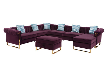 Maddie Velvet 8-Seater Sectional Sofa with Reversible Chaise and   Ottoman - Purple