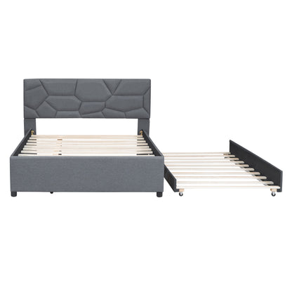 Brick Full Size Upholstered Platform Bed with Twin Size Trundle - Gray