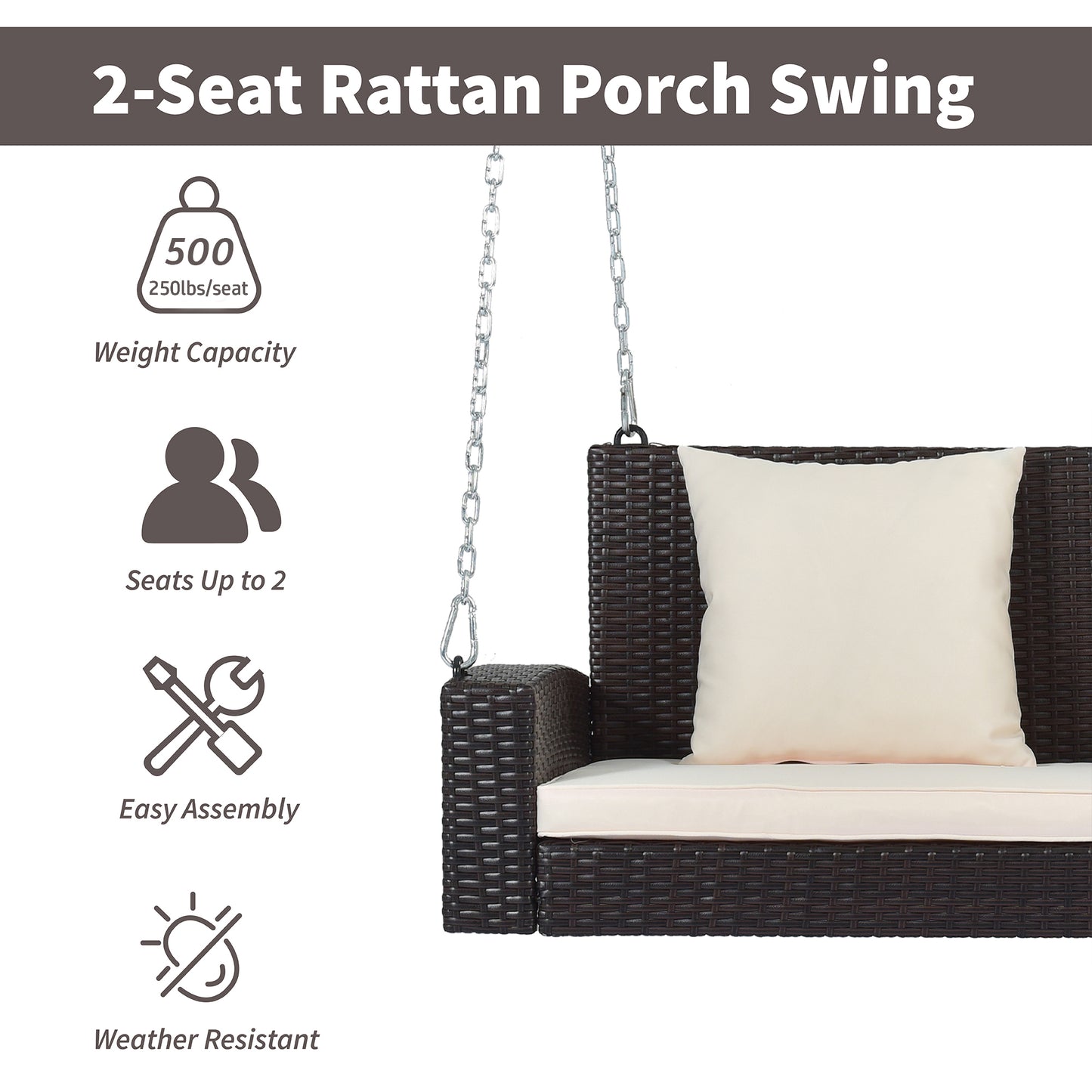 Paz 2-Person Wicker Hanging Porch Swing (Brown Wicker, Beige Cushion)