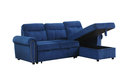 Ashton Velvet Fabric Reversible Sleeper Sectional Sofa Chaise - Blue