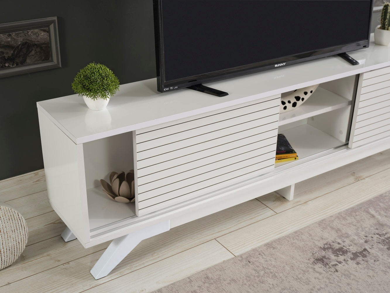 Luxia Mid Century Modern TV Stand 2 Sliding Door- White