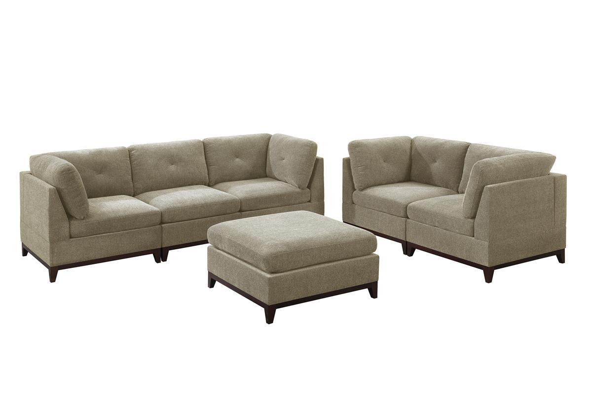 Khal Camel Chenille Fabric Modular Sectional 6pc Set  4x Corner Wedge 1x Armless Chair and 1x Ottoman Tufted Back Exposed Wooden Base