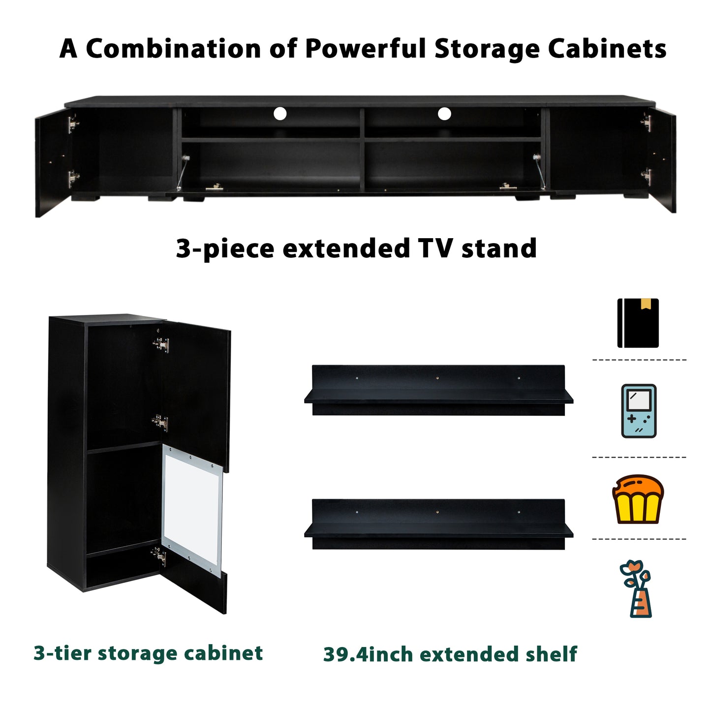 Jig High Gloss Minimalist Style 7 Pieces Floating TV Stand Set - Black