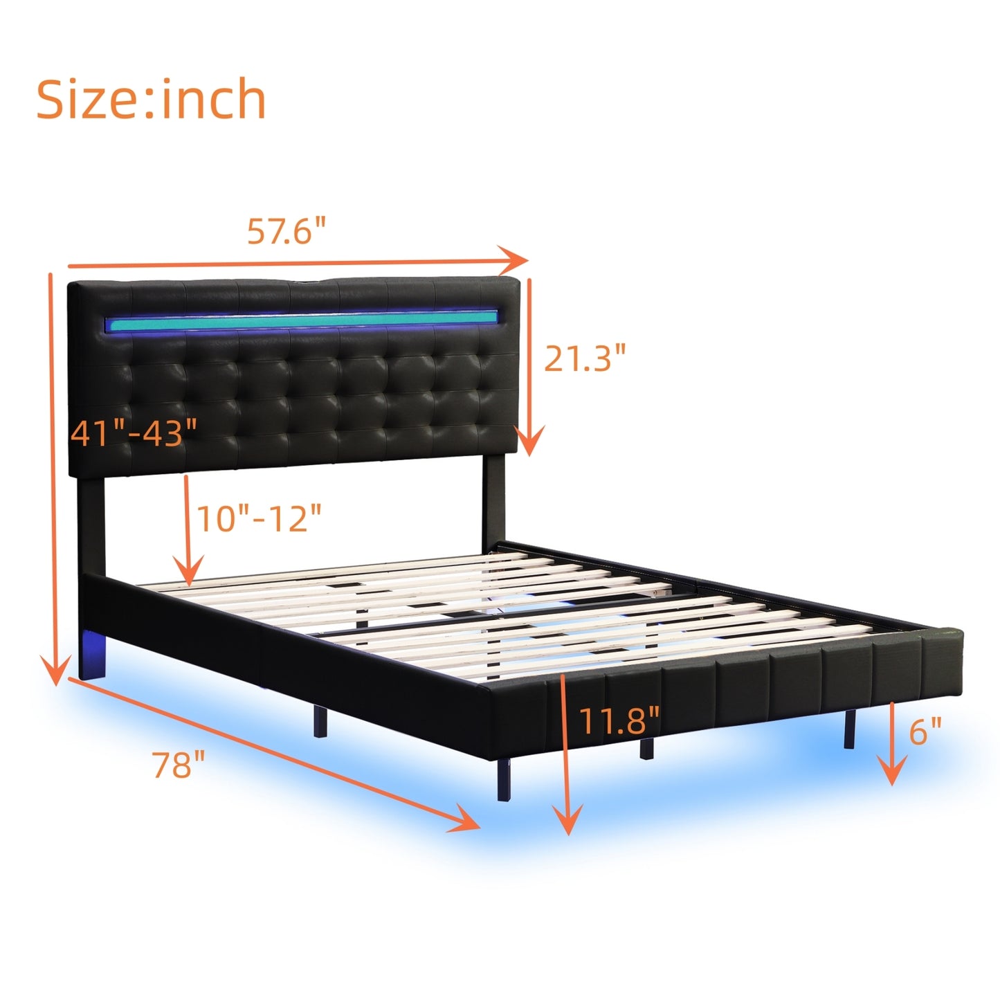 Marc Full Size Floating Bed Frame with LED - Black