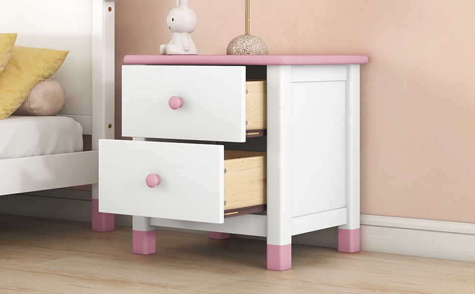 Hana Wooden Nightstand with Two Drawers - White+Pink