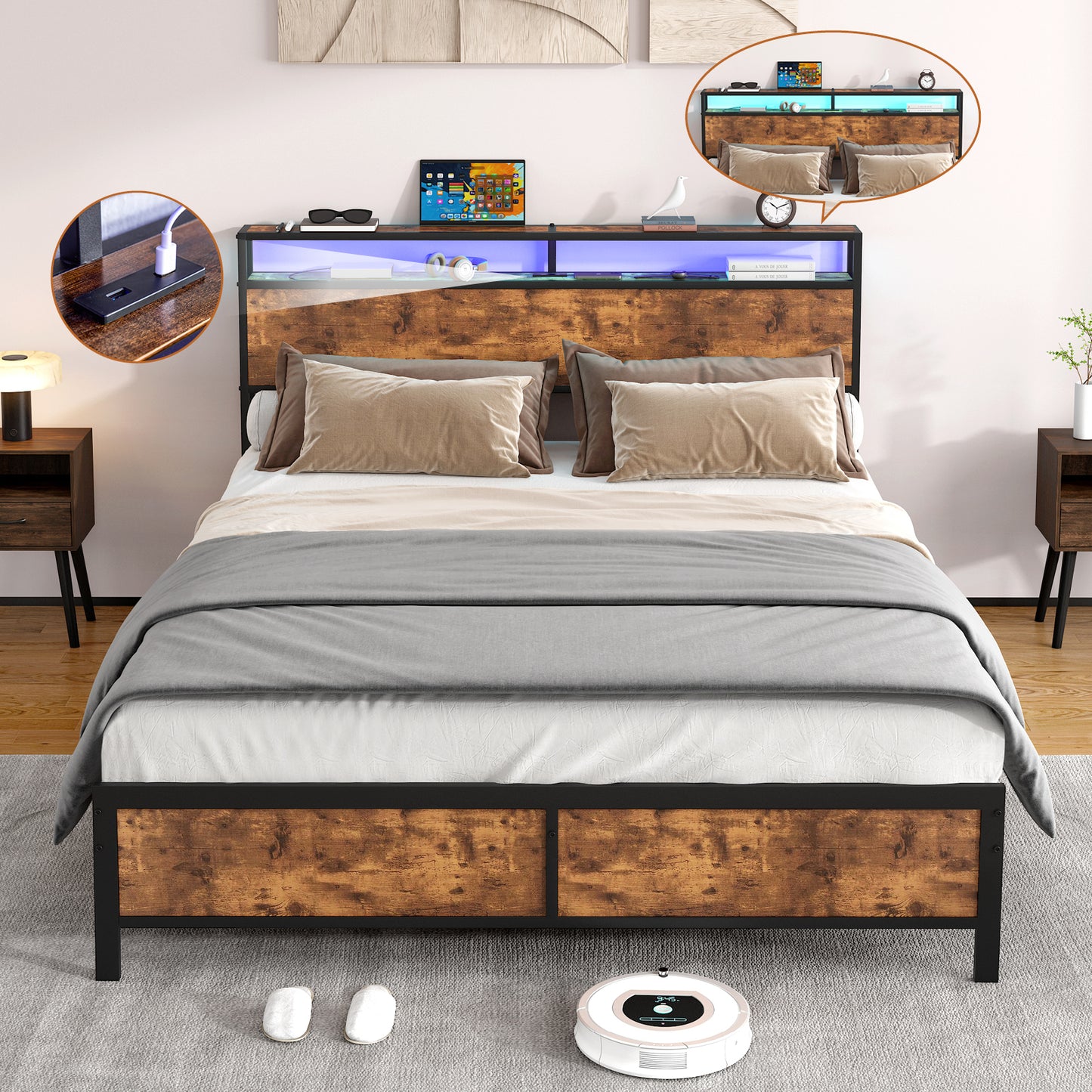 Nabi Queen Size Bed Frame with LED - Rustic Brown