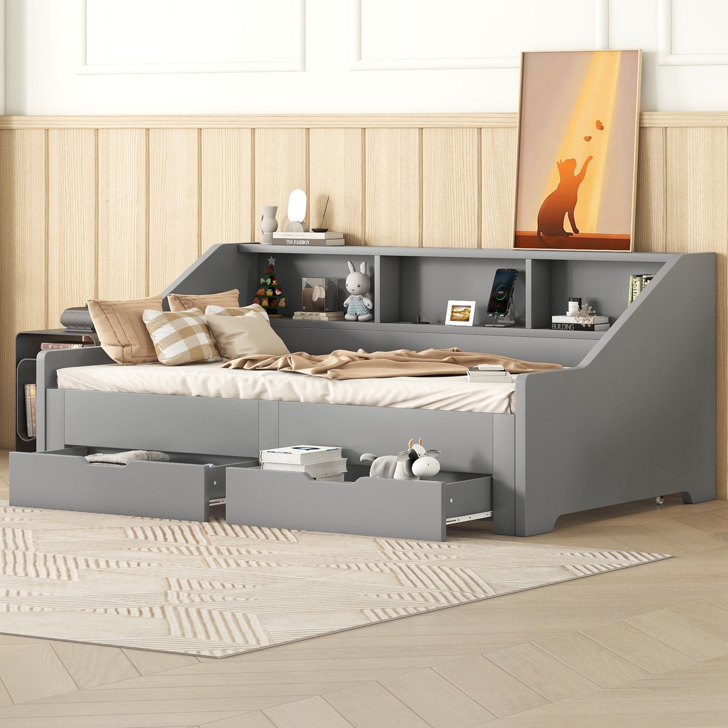 Zion Twin to King Size Daybed  with Storage Bookcases - Gray