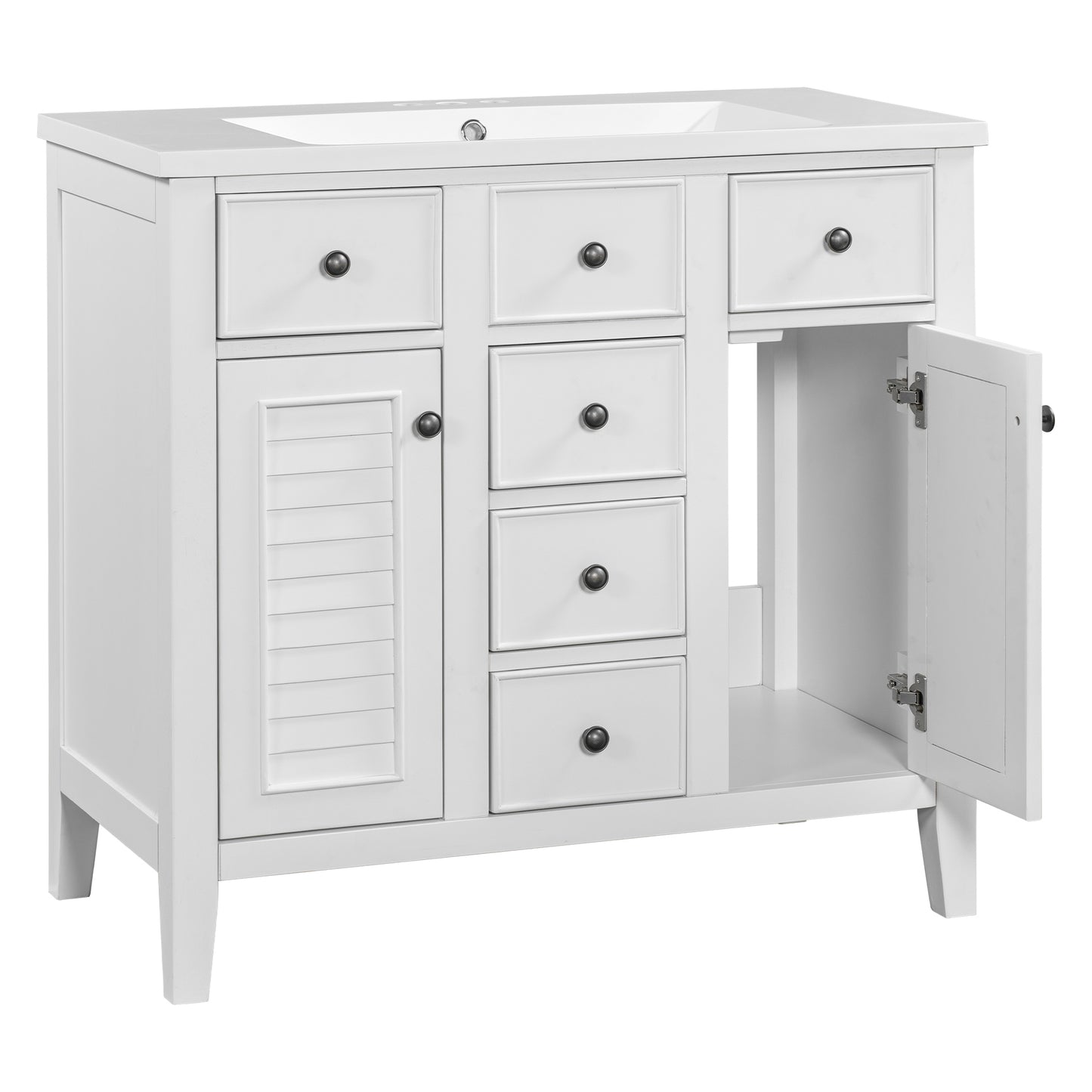 Bathroom Vanity with Ceramic Basin, Two Cabinets and Five Drawers - White