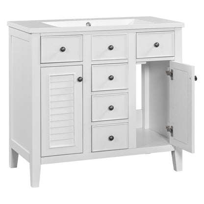 Bathroom Vanity with Ceramic Basin, Two Cabinets and Five Drawers - White