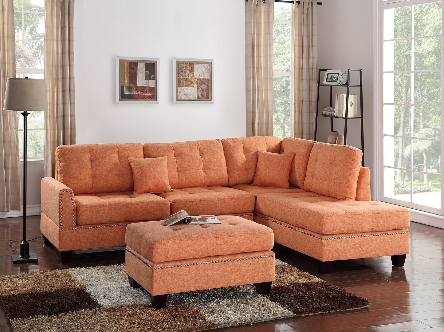 Amara 3pcs Sectional Reversible Chaise Sofa And Ottoman - Orange