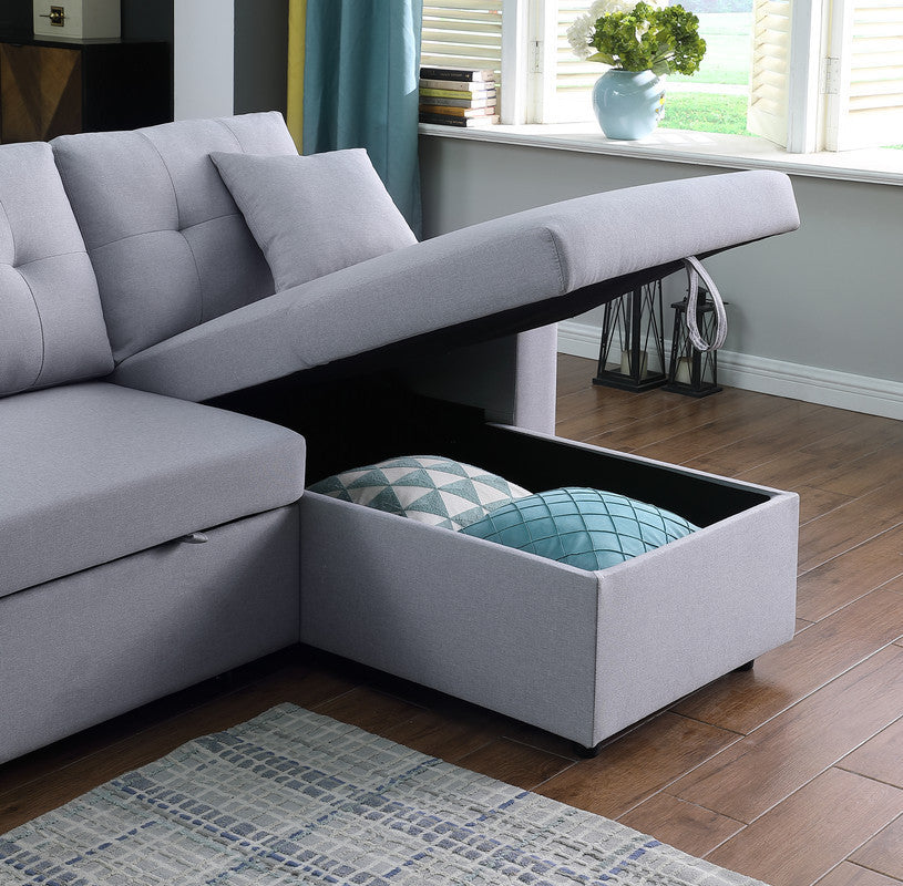 Dennis Fabric Reversible Sleeper Sectional with Storage Chaise and 2 Stools - Light Gray