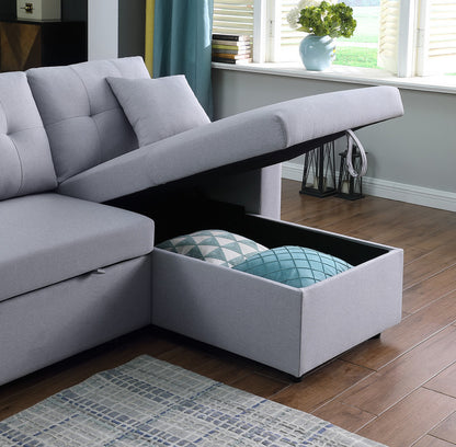 Dennis Fabric Reversible Sleeper Sectional with Storage Chaise and 2 Stools - Light Gray