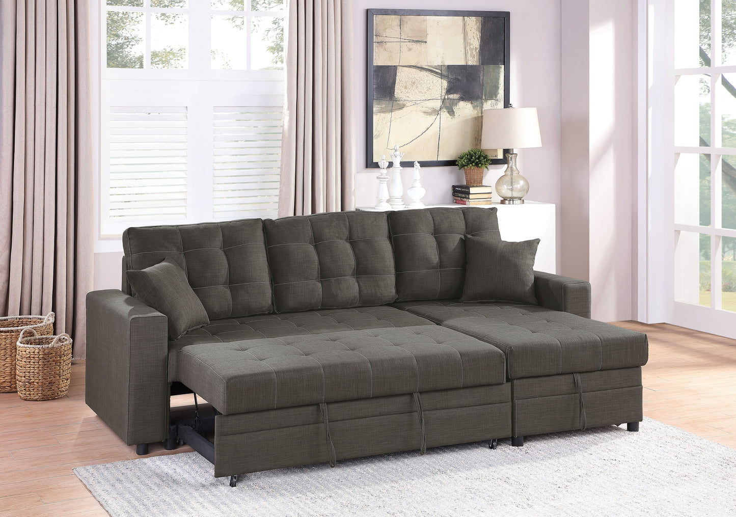 Amir Convertible Sectional Pull Out Bed Sofa Chaise Reversible Storage Chaise  - Black