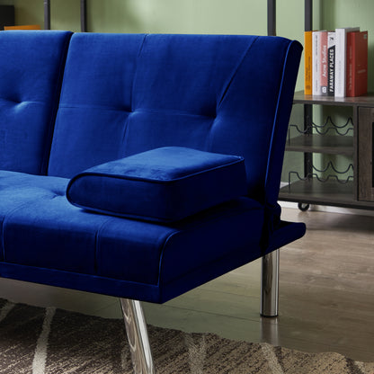 Devo Velvet Upholstered  Convertible Folding Futon Sofa Bed - Blue