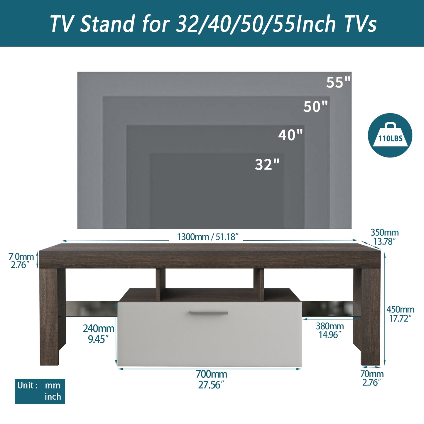 Nova 55 inchesTV Stand with LED Lights - Brown+White