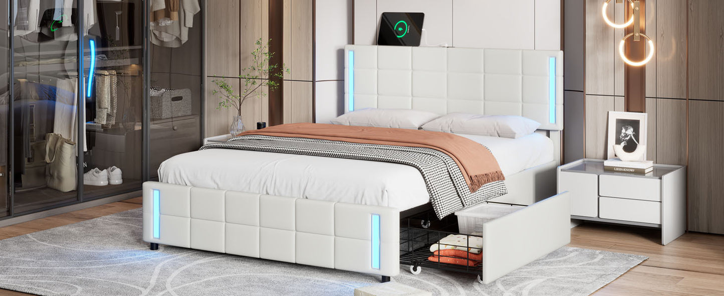 Bot Queen Size Platform Bed with LED - White