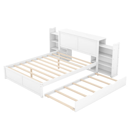 JR Queen Size Platform Bed w Pull Out Twin XL Size Trundle - White