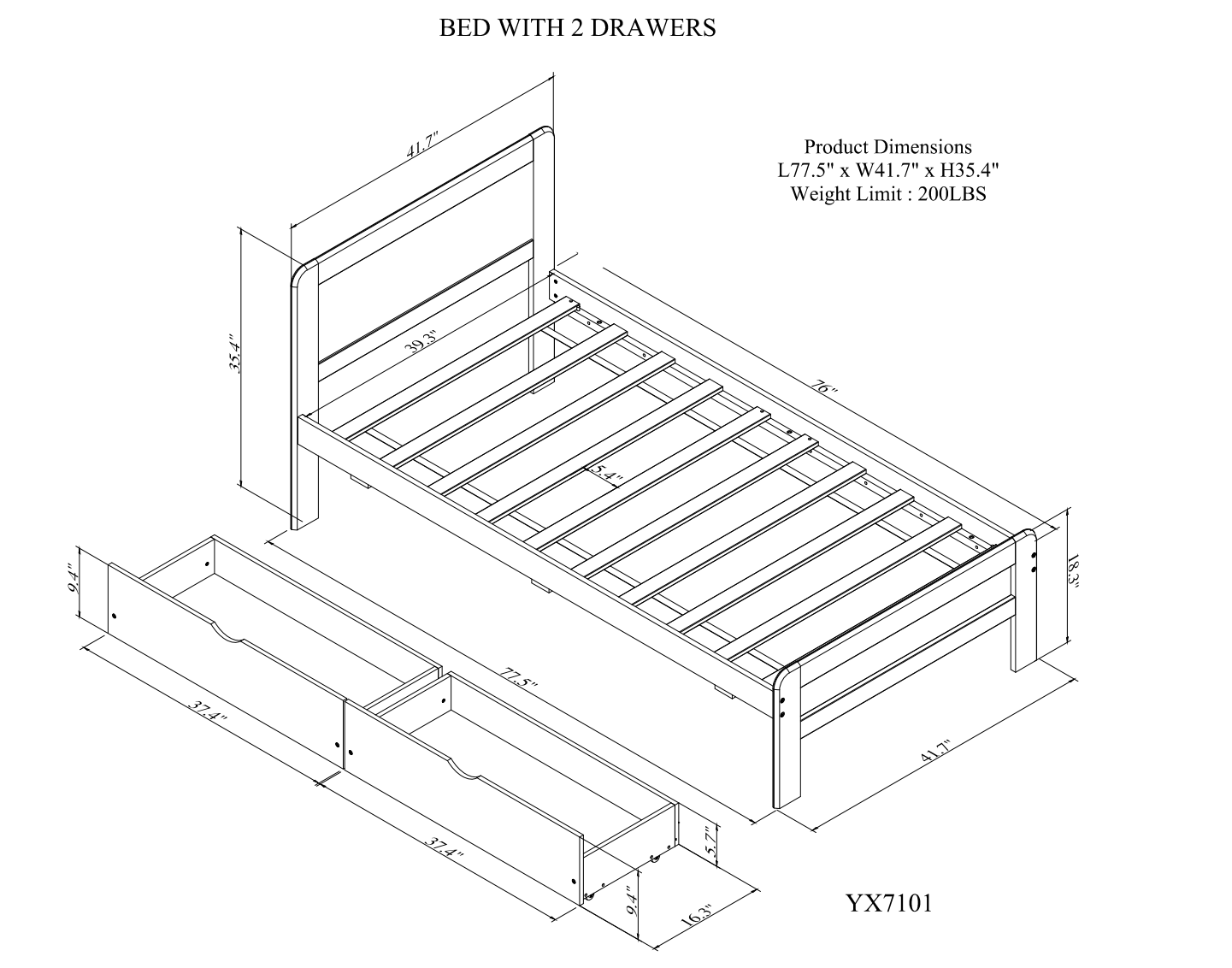 Neki Twin Size Platform Bed Frame with 2 Drawers - Gray