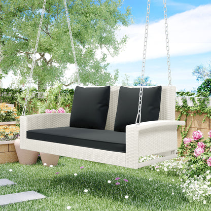 Paz2-Person Wicker Hanging Porch Swing (White Wicker, Gray Cushion)