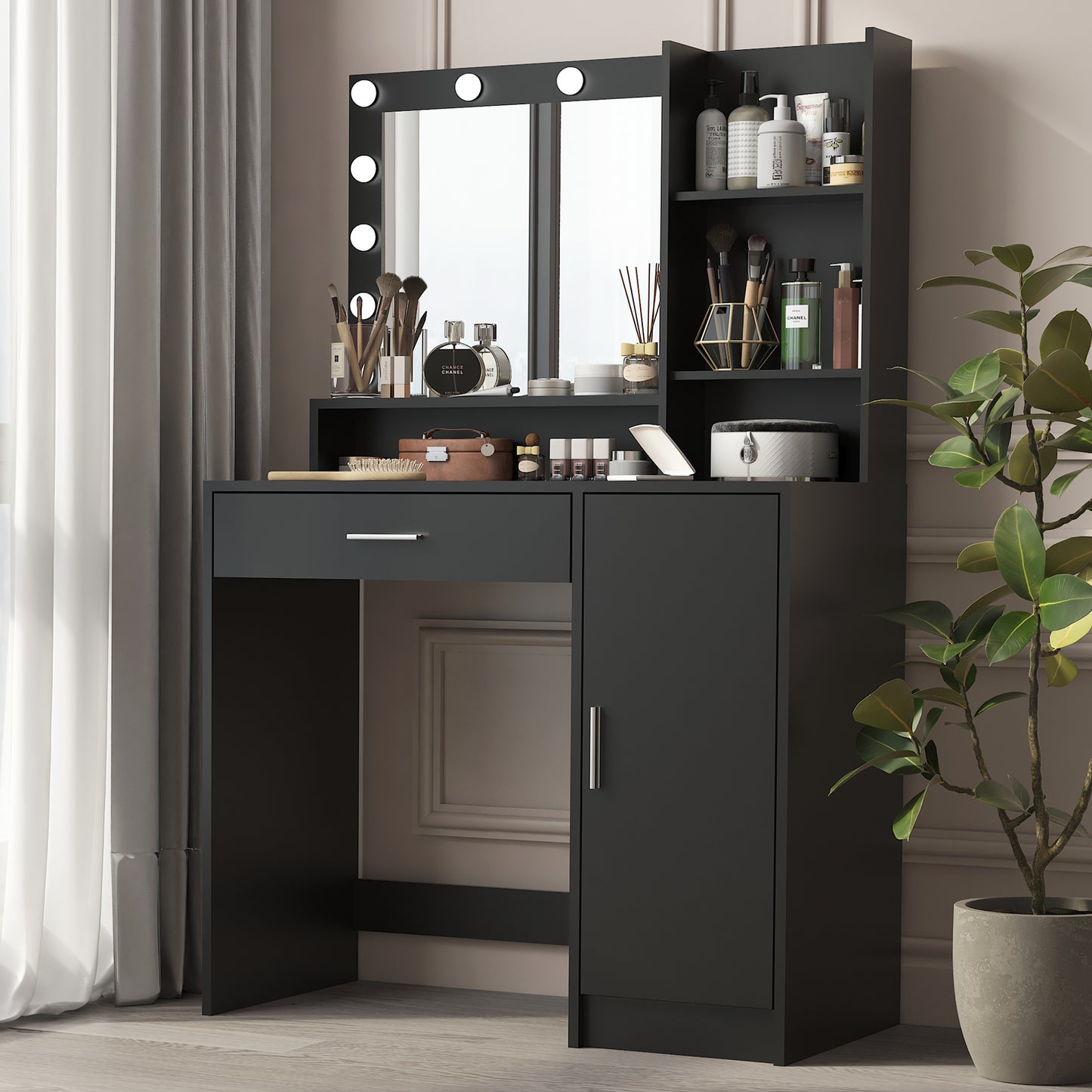 Vez Vanity Desk with Mirror & Light - Black