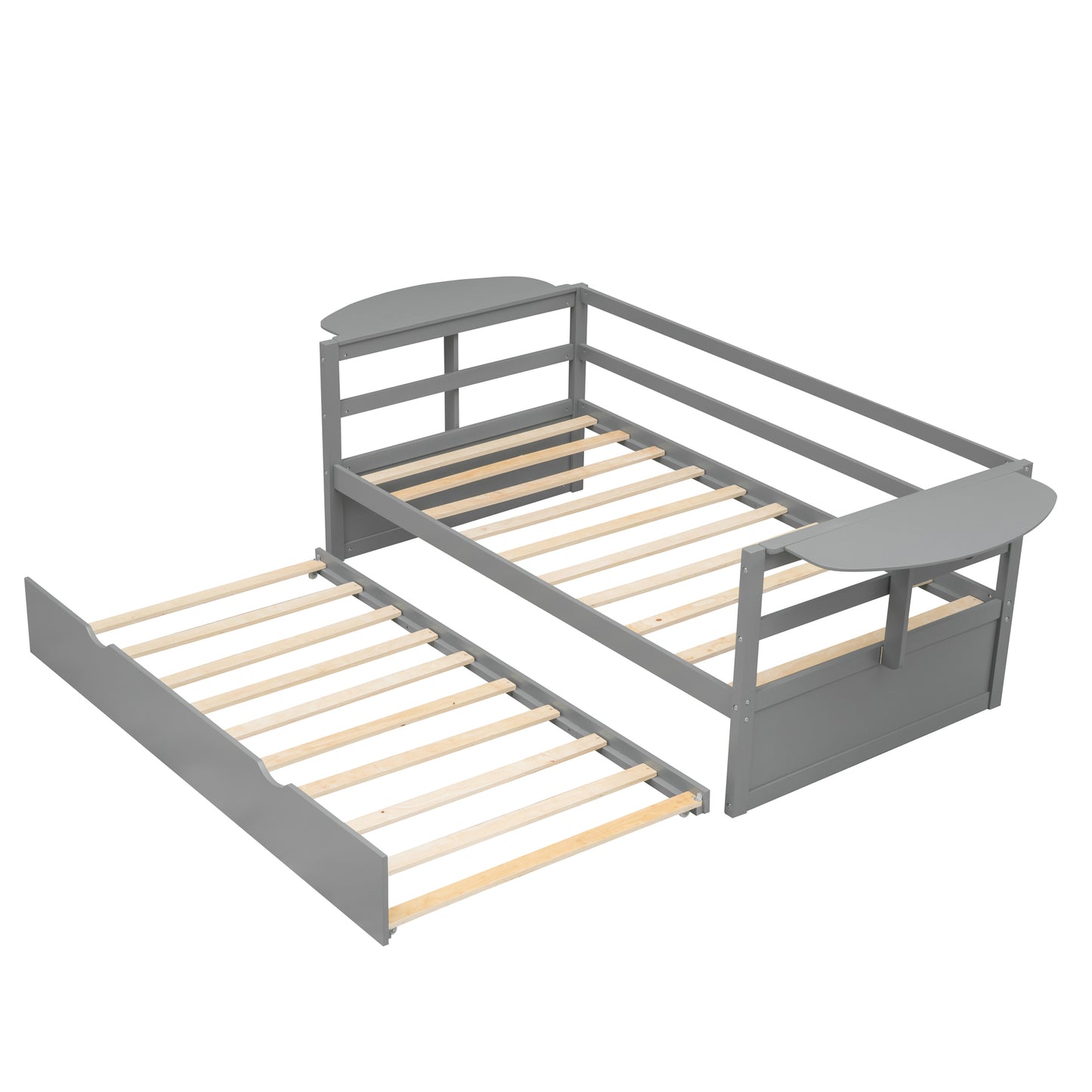 Tumo Twin Size Daybed with Trundle and Foldable Shelves - Gray