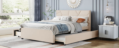 Brick Queen Size Platform Bed with 2 drawers and Twin Size Trundle - Beige