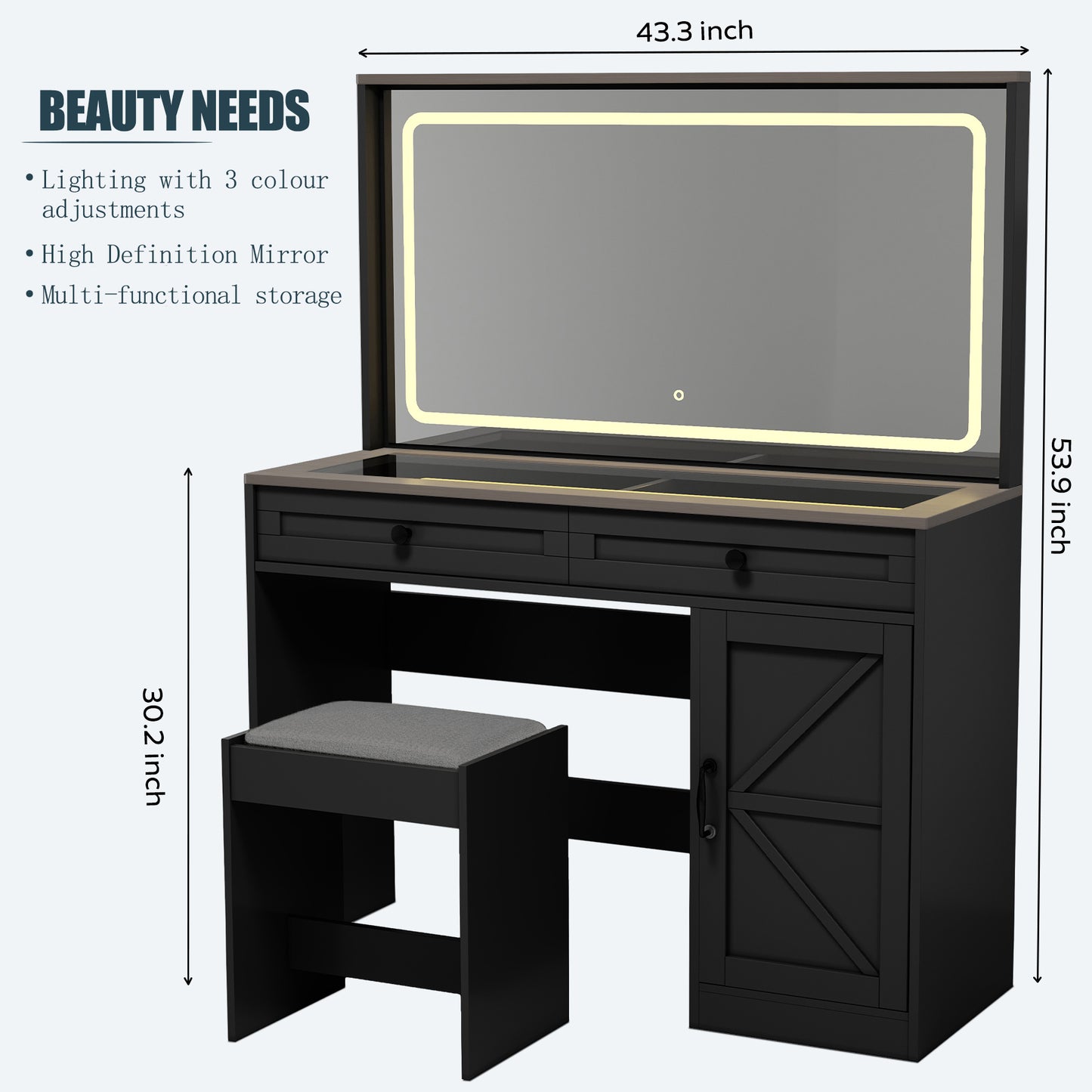 Chaya Makeup Vanity Table With Large Mirror and LED Light Strip - Black