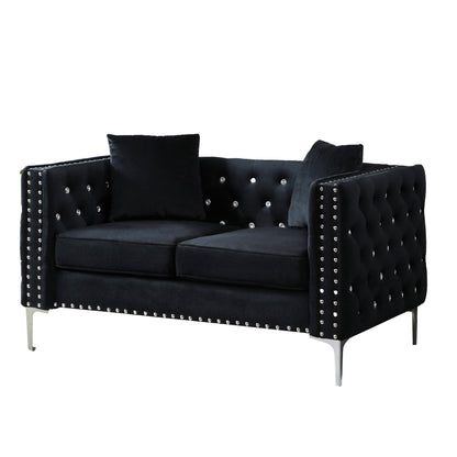 Mahoney Velvet Sofa with 2 Pillows - Black