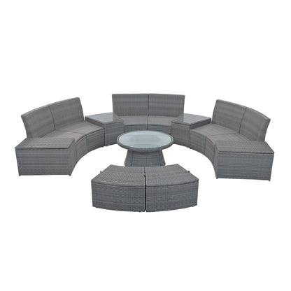 Clarkson 10 Pc Patio Rattan Half Round Sectional Sofa Set - Light Gray