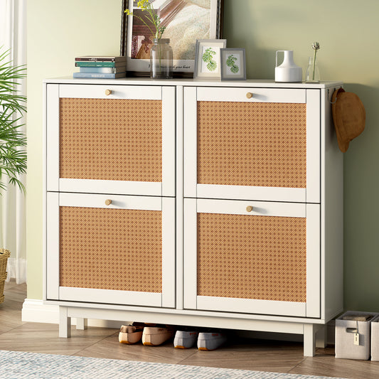 Rattan Boho Style Shoe Cabinet - White