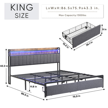 Zinya King Size LED Storage Bed - Gray