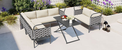 Rocio 5 Pc Patio Woven Rope Sectional Sofa Set - Gray+Beige