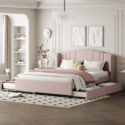 Mali Queen Size Platform Bed with Wingback Headboard - Pink