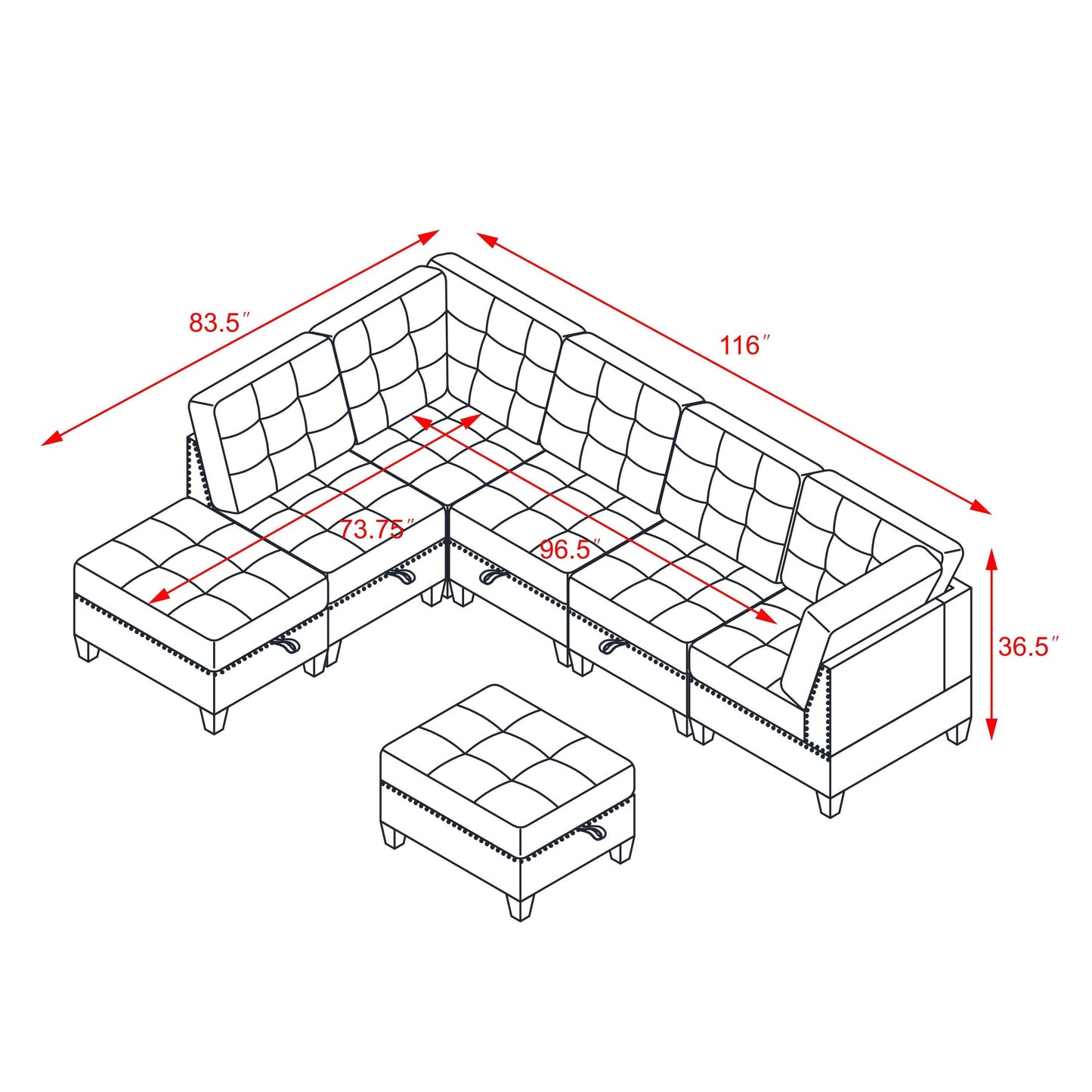 Molly Modular Sectional Sofa Three Single Chair ,Two Corner and Two Ottoman - Grey