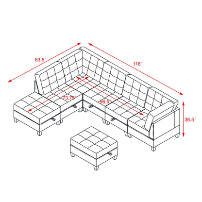 Molly Modular Sectional Sofa Three Single Chair ,Two Corner and Two Ottoman - Grey